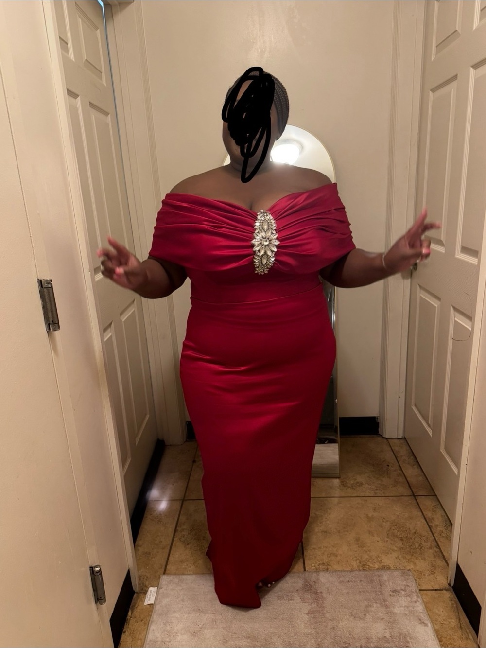 Off-Shoulder Red Evening Gown with Brooch Detail